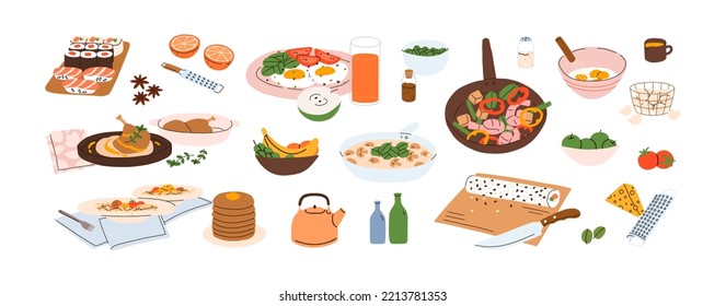 Dishes on plates, bowls set. Dinner and lunch meals with meat, vegetables, mushrooms. Served chicken, sushi, pasta, fried eggs, fruits. Flat graphic vector illustrations isolated on white background