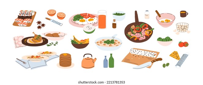 Geschirr auf Platten, Schalen Set. Abendessen und Mittagessen mit Fleisch, Gemüse, Pilzen. Hühnchen, Sushi, Nudeln, gebratene Eier, Früchte. Flache grafische Vektorgrafiken einzeln auf weißem Hintergrund