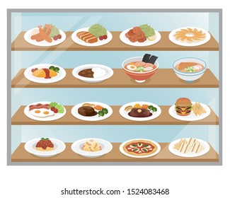 Dishes on the shelf
Fried shrimp, tonkatsu, deep-fried chicken, grilled dumplings
Omurice, curry rice, ramen, udon
Fried egg, hamburger, steak, hamburger ets.
