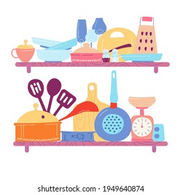 Dishes on the shelf. Kitchen utensils set of elements for home cooking. Vector illustration in a hand drawn style.