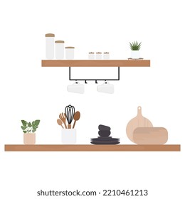 Dishes on the shelves, plates, soup bowls, a set of cutlery, indoor green plants, cutting boards
