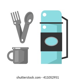 Dishes on white background, vector illustration in flat cartoon style. Equipment icon for camping, excavation, tourism. 