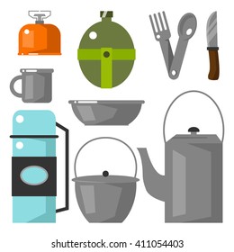 Dishes on white background, vector illustration in flat cartoon style. Equipment for camping, excavation, tourism.
