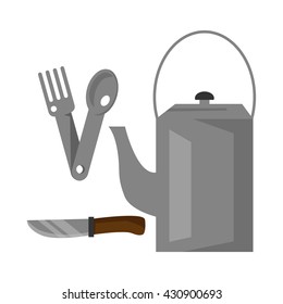 Dishes on white background, vector illustration in flat cartoon style. Equipment for camping, excavation, tourism.
