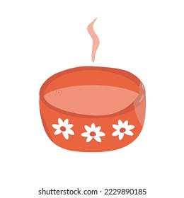 Dishes of orange color with the image of daisies with a hot drink