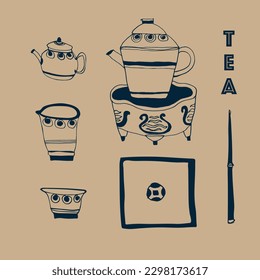 Gerichte für orientalische Teezeremonie. Vektorgrafik. Kit. Blau auf beigem Hintergrund.Teekultur. China, Japan, Osten. Zeichnung von Hand, Skizze, Tinte. Café, Teeclub, Restaurant, Menü, Design, Einrichtung. EPS10