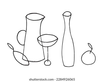 Dishes outline illustration vector image. Hand drawn glass sketch image artwork. Simple original logo icon from pen drawing sketch.