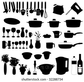 dishes, pan, mixer and other kitchen objects silhouette vector