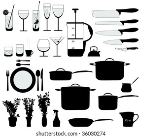 dishes, pan, mixer and other kitchen objects silhouette vector