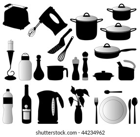 dishes, pan, mixer and other kitchen objects silhouette vector