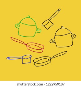 Dishes, pans, frying pans pattern . Hand drawn.