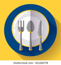 Dishes - Plate knife and fork icon. Flat vector design with long shadow.