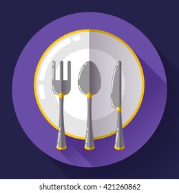Dishes - Plate knife and fork icon. Flat vector design with long shadow.