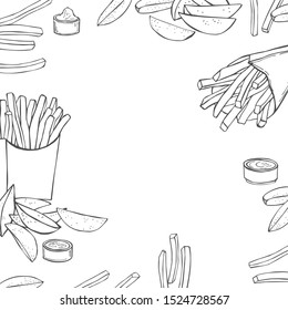 Dishes from potatoes. French fries and  rustic fries. Vector background.
