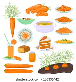 Dishes prepared from carrots, carrot cake, pie, soup, salad and juice. Carrots grow in the garden and different types of vegetable slicing.