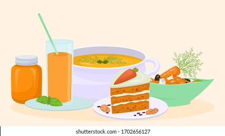 Dishes prepared from carrots, soup, carrot cake, salad and juice vector flat illustration. Healthy vegetarian carrot food. Set of food from vegetables. Diet carrot eat for a healthy lifestyle.