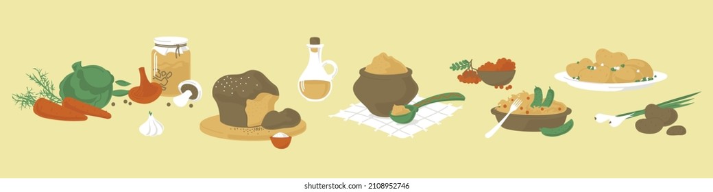 Dishes and products of Russian cuisine. Lenten food. Vector image. 