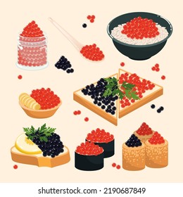 Dishes with red and black caviar cartoon illustration set. Delicious roe on spoon, buttered bread, sushi. Patty shell with caviar. Expensive food, luxury delicacy concept