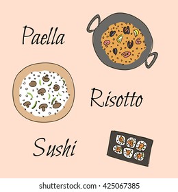 Dishes with rice. Paella, risotto, sushi. Vector illustration eps10