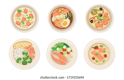 Dishes with Salmon Fish and Greenery Vector Set