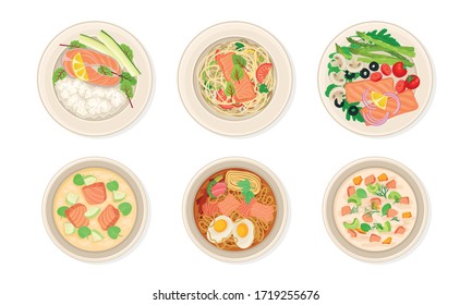 Dishes with Salmon or Trout Fish Garnished with Greenery Vector Set