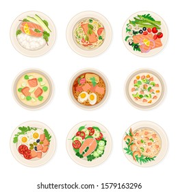 Dishes With Salmon Vector Set. Top View of Different Courses Collection