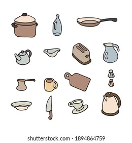 Dishes set in colored doodle style