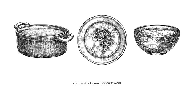 Dishes set - cooked food drawings. Hot soup served on plates, pans, bowls. Marrow bone broth sketches collection. Engraved vector food illustrations isolated on white background