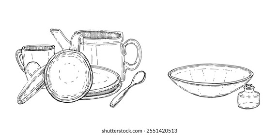 Platos sobre fondo blanco. Imagen de Vector 100% dibujado a mano.