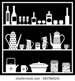 Dishes shelf. Set of dishes flat vector illustration. Element of interior.

