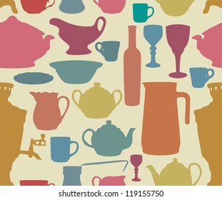 Dishes silhouettes on yellow background in retro style