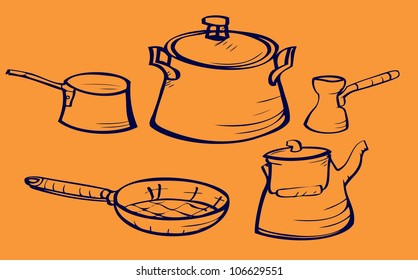 Dishes sketch set including pans coffee and tea kettle