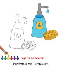 Dishes soap container and sponge to be colored, the coloring book for preschool kids with easy educational gaming level.