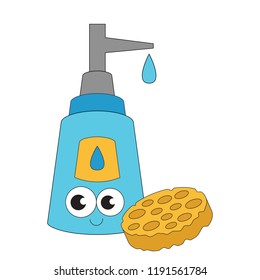 Dishes soap container and sponge funny cartoon. Outlined illustration with thin line black stroke