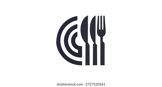 Pratos. Colher, garfo, faca e placas ícones conjunto, logotipo do menu, talheres silhueta. Ilustração.