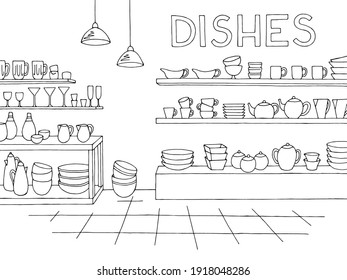 Dishes store shop interior black white graphic sketch illustration vector