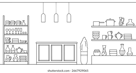 Dishes store shop interior black white graphic sketch illustration vector 