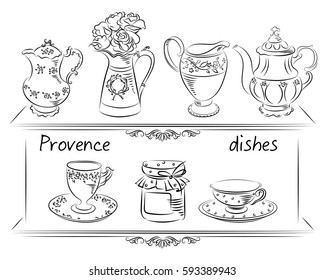 Dishes in the style of Provence. Drawing by hand. Cups, teapots, vases drawn in one line