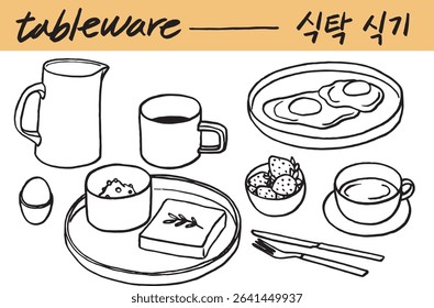 the dishes, tableware, table service, coffee, Fried Egg, cutlery, Pork and knife, toast, Breakfast
