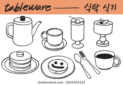 os pratos, serviço de mesa, serviço de mesa, panqueca, café, café da manhã, sobremesa, talheres, ilustração de linha