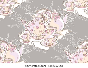 Dishes, teapot, saucer, cup. Vector illustration. Seamless pattern. Background pattern of dishes Porcelain drawing China sketch