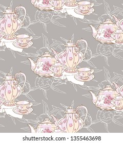 Dishes, teapot, saucer, cup. Vector illustration. Seamless pattern. Background pattern of dishes Porcelain drawing China sketch