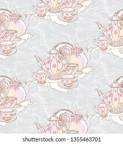 Dishes, teapot, saucer, cup. Vector illustration. Seamless pattern. Background pattern of dishes Porcelain drawing China sketch