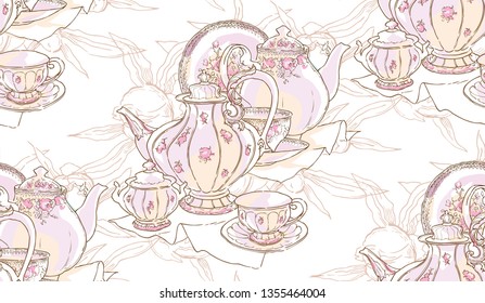 Dishes, teapot, saucer, cup. Vector illustration. Seamless pattern. Background pattern of dishes Porcelain drawing China sketch