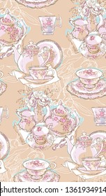 Dishes, teapot, saucer, cup. Vector illustration. Seamless pattern. Background pattern of dishes Porcelain drawing China sketch