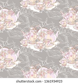 Dishes, teapot, saucer, cup. Vector illustration. Seamless pattern. Background pattern of dishes Porcelain drawing China sketch