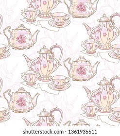 Dishes, teapot, saucer, cup. Vector illustration. Seamless pattern. Background pattern of dishes Porcelain drawing China sketch