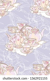 Dishes, teapot, saucer, cup. Vector illustration. Seamless pattern. Background pattern of dishes Porcelain drawing China sketch