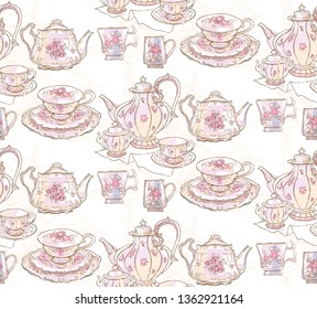 Dishes, teapot, saucer, cup. Vector illustration. Seamless pattern. Background pattern of dishes Porcelain drawing China sketch