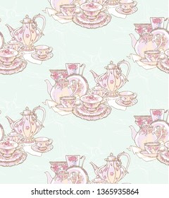 Dishes, teapot, saucer, cup. Vector illustration. Seamless pattern. Background pattern of dishes Porcelain drawing China sketch